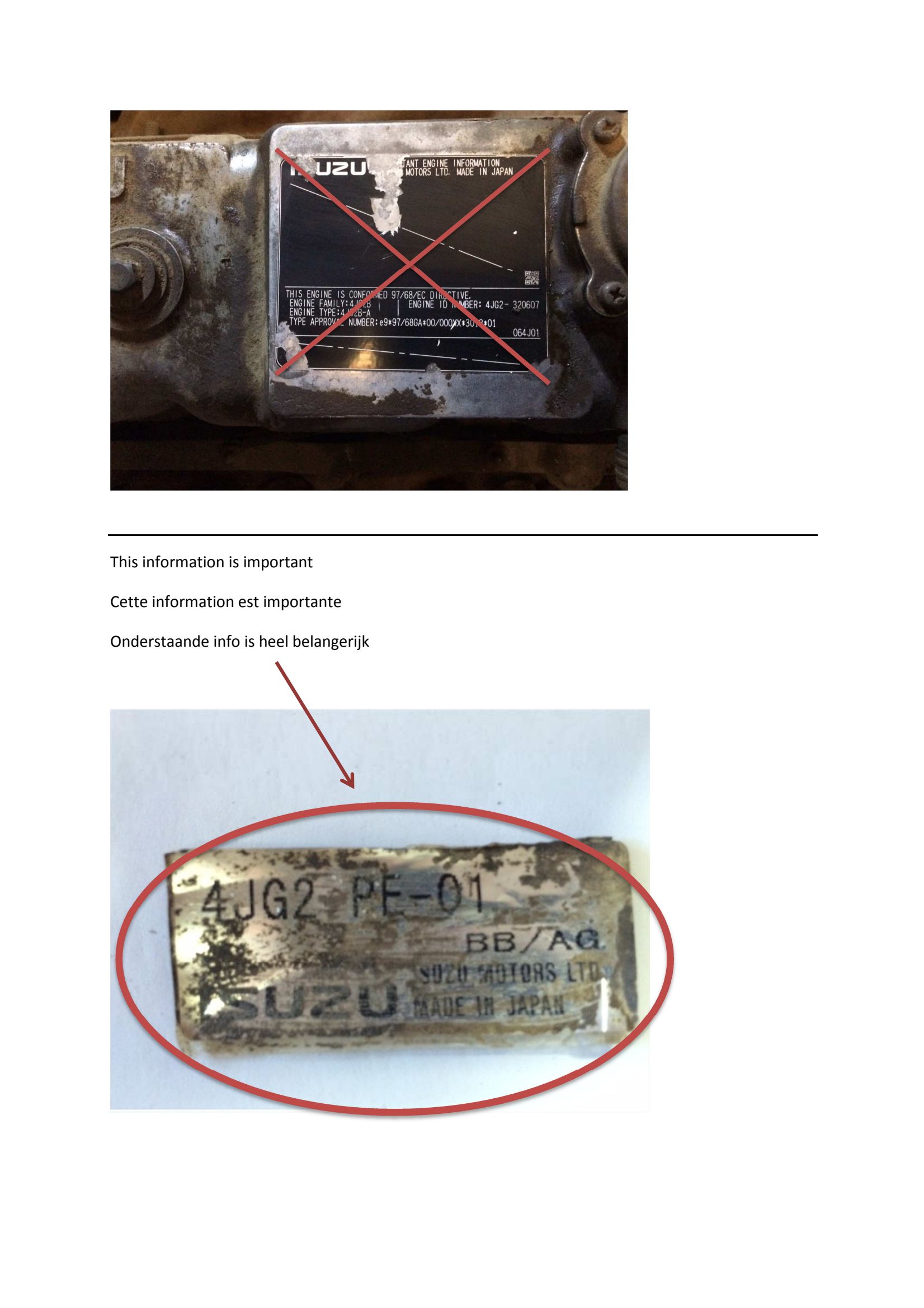 Isuzu industrial diesel engine identification plate location on the valve cover