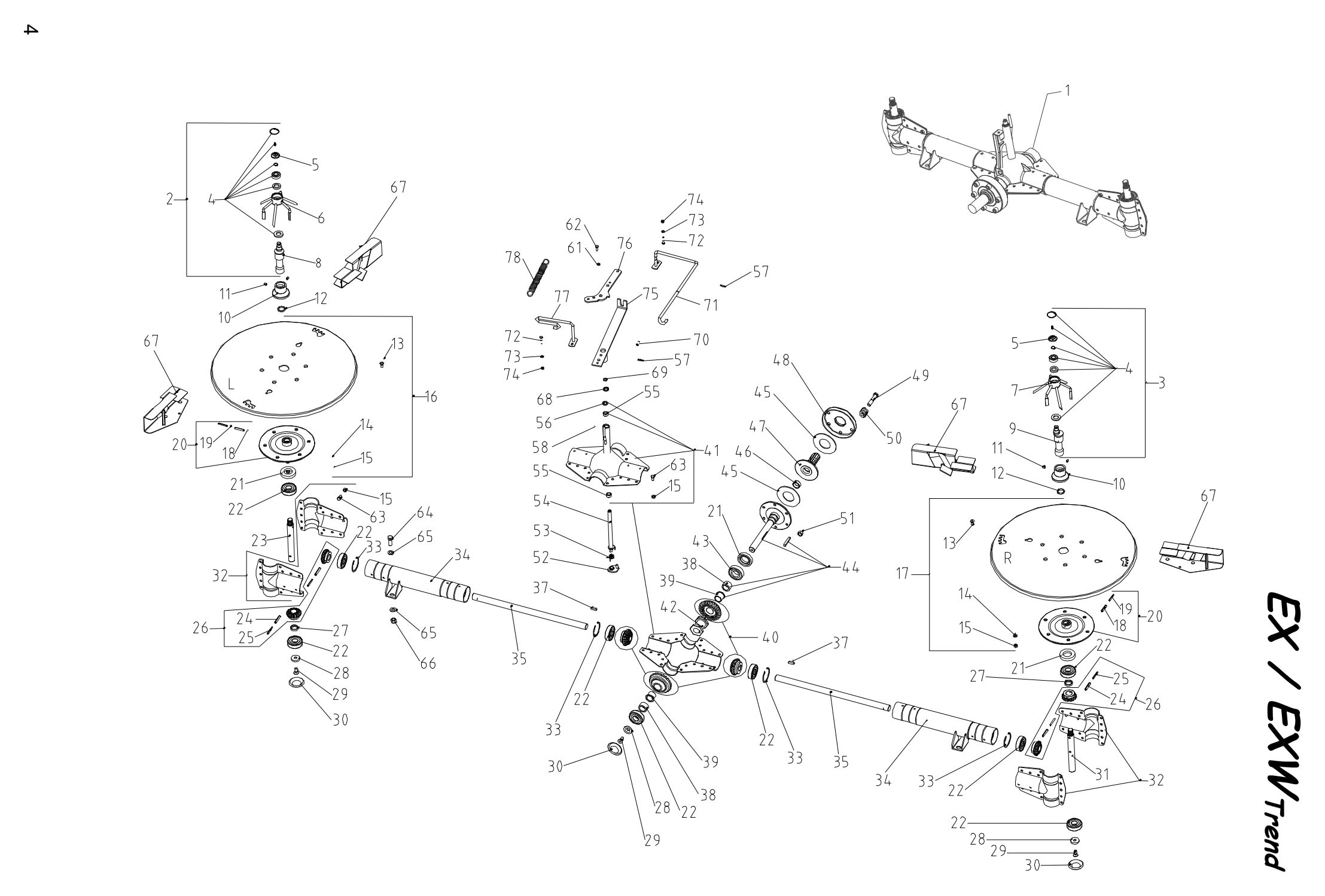 Bogballe EX/EXW Trend drive, spreading discs and vanes parts diagram